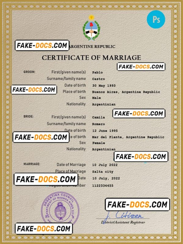 Argentina marriage certificate PSD template, fully editable