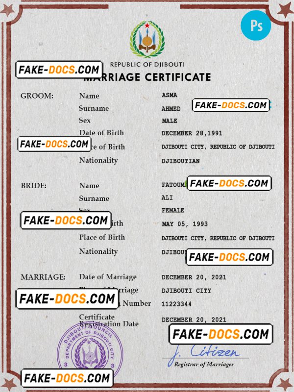 Djibouti marriage certificate PSD template, fully editable