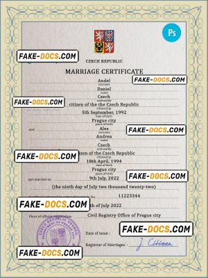 Czechia marriage certificate PSD template, fully editable
