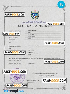 Cuba marriage certificate PSD template, completely editable