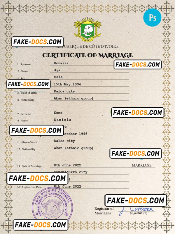 Côte d’Ivoire marriage certificate PSD template, completely editable