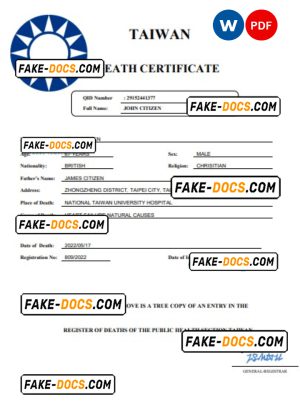Taiwan death certificate Word and PDF template, completely editable Taiwan death certificate Word and PDF template, completely editable
