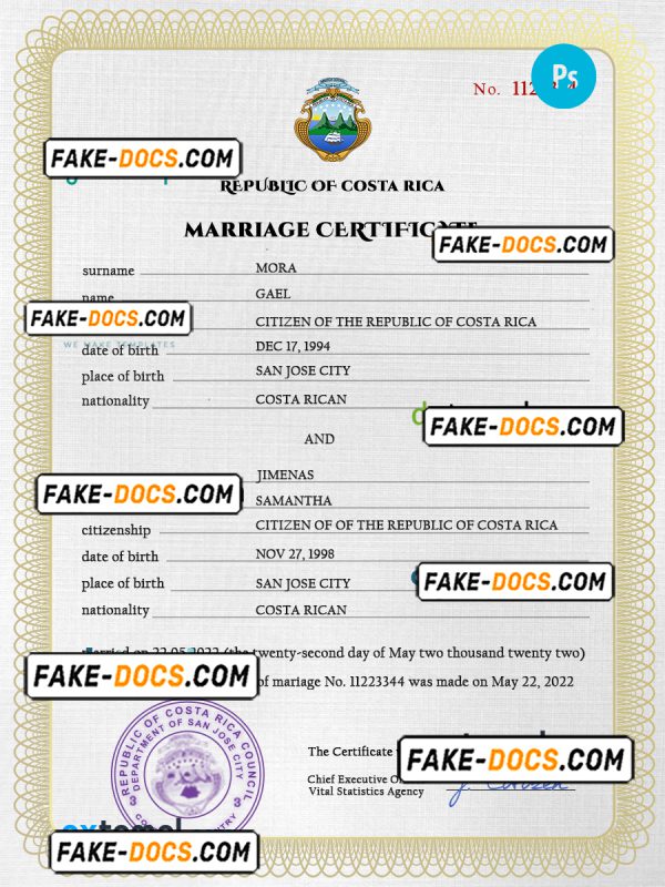 Costa Rica marriage certificate PSD template, fully editable