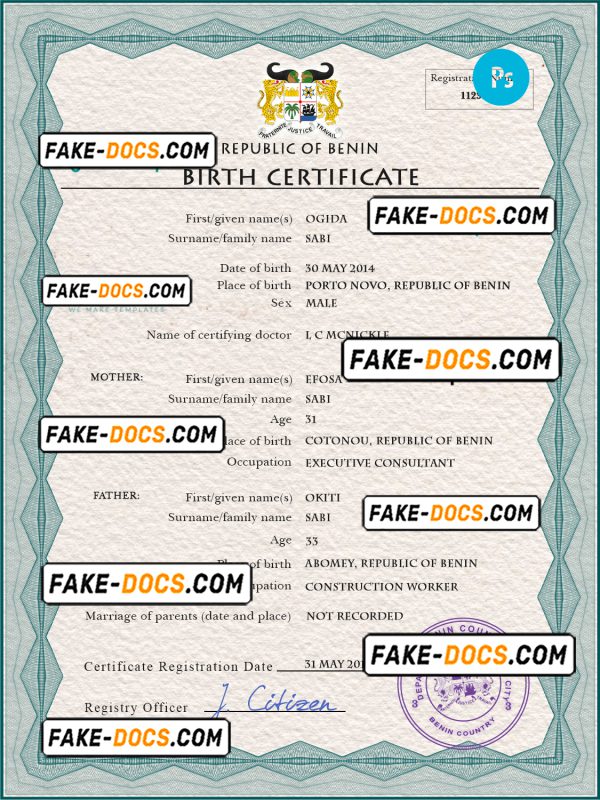 Benin vital record birth certificate PSD template, completely editable