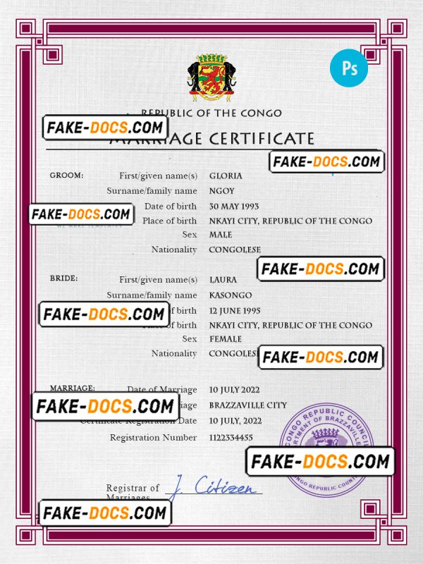 Congo, Republic of the marriage certificate PSD template, completely editable