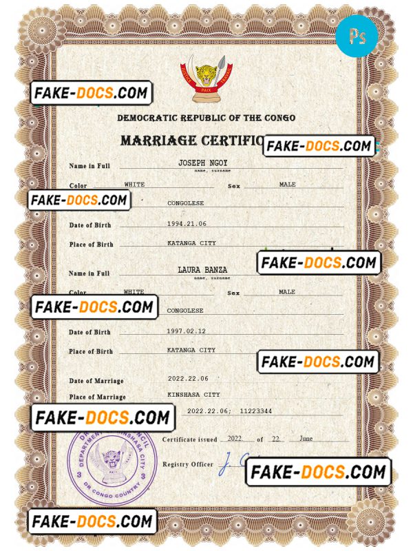 Congo Democratic Republic marriage certificate PSD template, fully editable