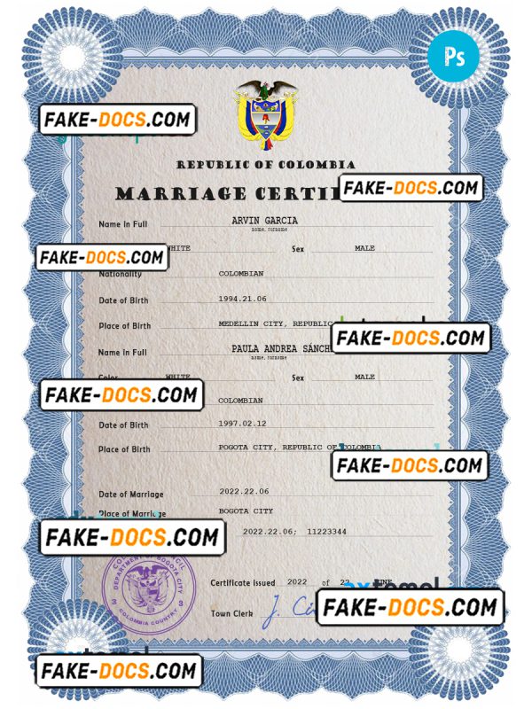 Colombia marriage certificate PSD template, fully editable