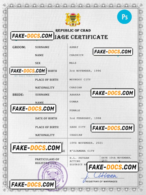 Chad marriage certificate PSD template, fully editable