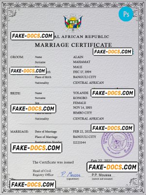 Central African Republic marriage certificate PSD template, completely editable