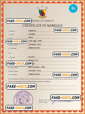 Cameroon marriage certificate PSD template, completely editable