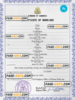 Cambodia marriage certificate PSD template, completely editable
