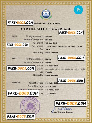 Cabo Verde marriage certificate PSD template, fully editable