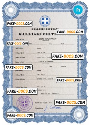 Greece marriage certificate PSD template, completely editable