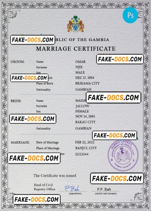 Gambia marriage certificate PSD template, completely editable
