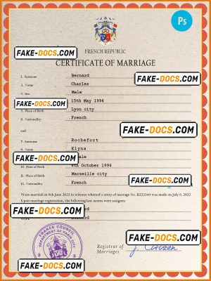 France marriage certificate PSD template, completely editable