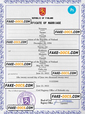 Finland marriage certificate PSD template, fully editable