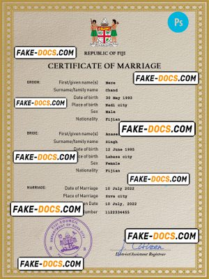 Fiji marriage certificate PSD template, completely editable