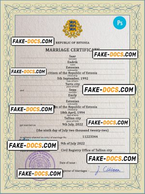 Estonia marriage certificate PSD template, fully editable