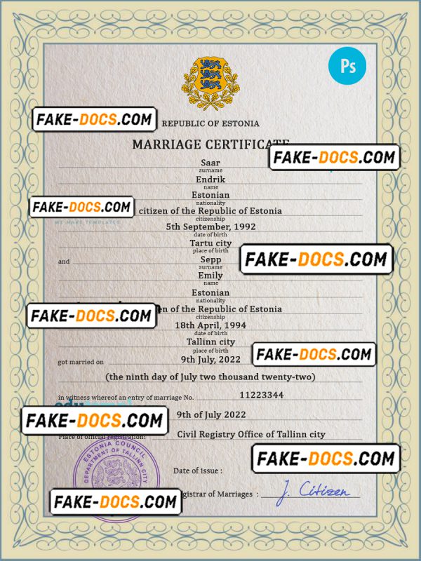 Estonia marriage certificate PSD template, fully editable