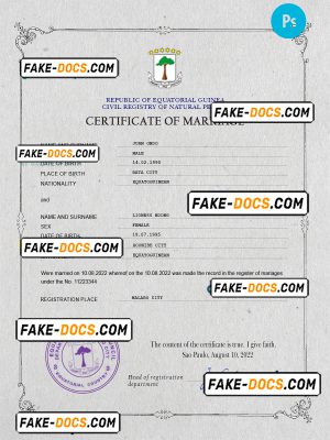 Equatorial Guinea marriage certificate PSD template, fully editable
