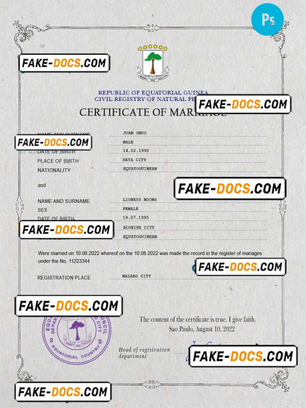 Equatorial Guinea marriage certificate PSD template, fully editable
