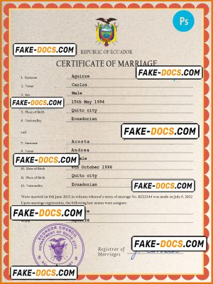 Ecuador marriage certificate PSD template, completely editable