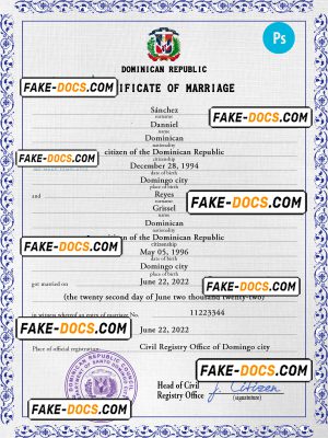 Dominican Republic marriage certificate PSD template, fully editable