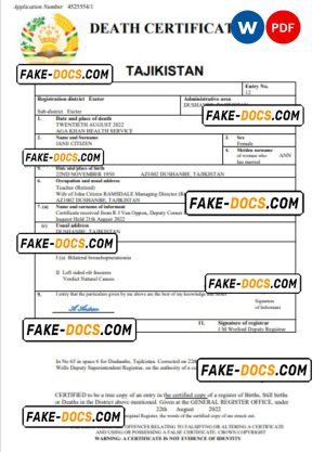 Tajikistan vital record death certificate Word and PDF template Tajikistan vital record death certificate Word and PDF template