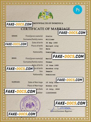 Dominica marriage certificate PSD template, completely editable