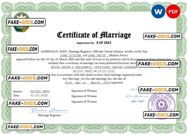Azerbaijan marriage certificate Word and PDF template, fully editable