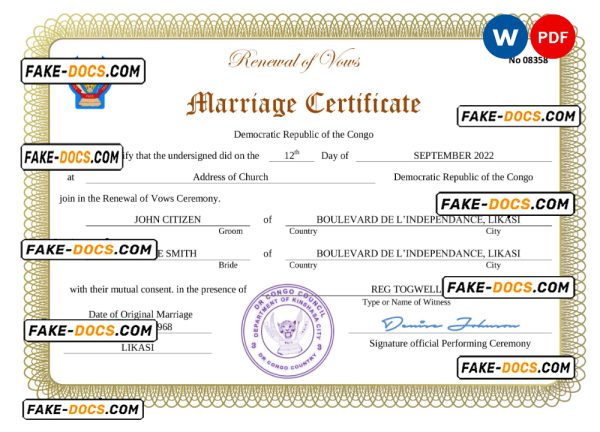 Democratic Republic of the Congo marriage certificate Word and PDF template, fully editable