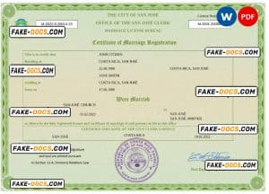 Costa Rica marriage certificate Word and PDF template, completely editable