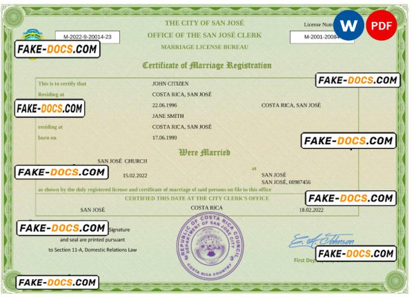 Costa Rica marriage certificate Word and PDF template, completely editable