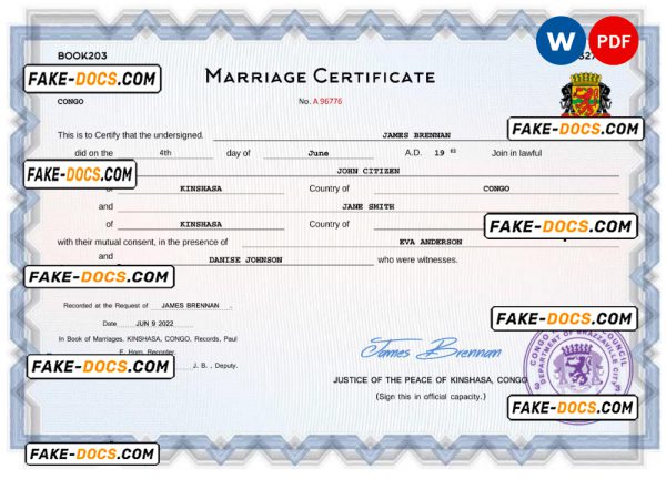 Congo marriage certificate Word and PDF template, fully editable