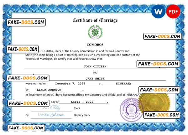 Comoros marriage certificate Word and PDF template, completely editable