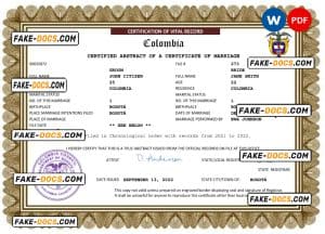 Colombia marriage certificate Word and PDF template, fully editable