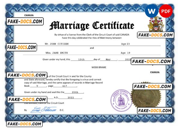 Canada marriage certificate Word and PDF template, fully editable