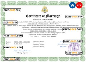 Cambodia marriage certificate Word and PDF template, fully editable