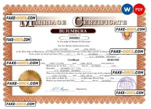 Burundi marriage certificate Word and PDF template, completely editable