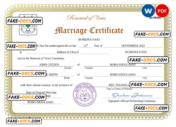 Burkina Faso marriage certificate Word and PDF template, fully editable