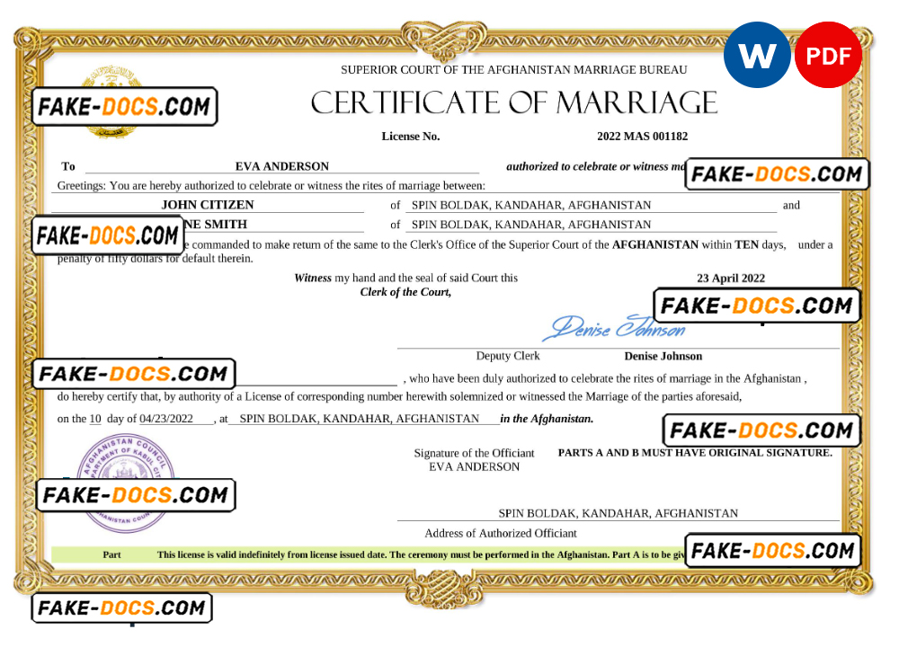 Afghanistan marriage certificate Word and PDF template, completely editable
