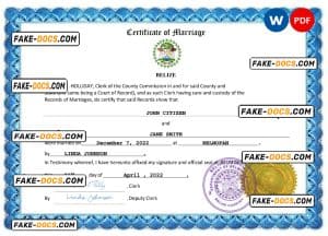 Belize marriage certificate Word and PDF template, completely editable
