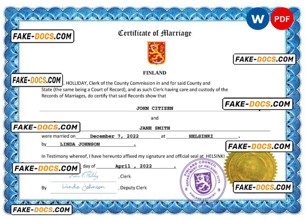 Finland marriage certificate Word and PDF template, fully editable