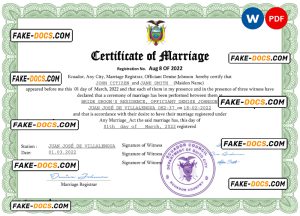 Ecuador marriage certificate Word and PDF template, completely editable