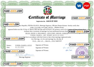 Dominican Republic marriage certificate Word and PDF template, fully editable
