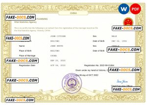 China marriage certificate Word and PDF template, completely editable