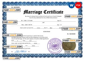 El Salvador marriage certificate Word and PDF template, fully editable