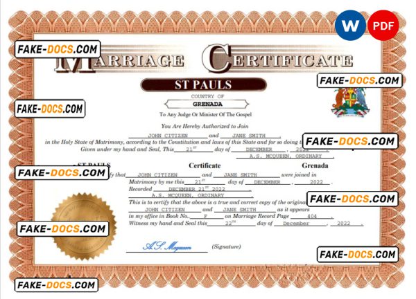 Grenada marriage certificate Word and PDF template, fully editable