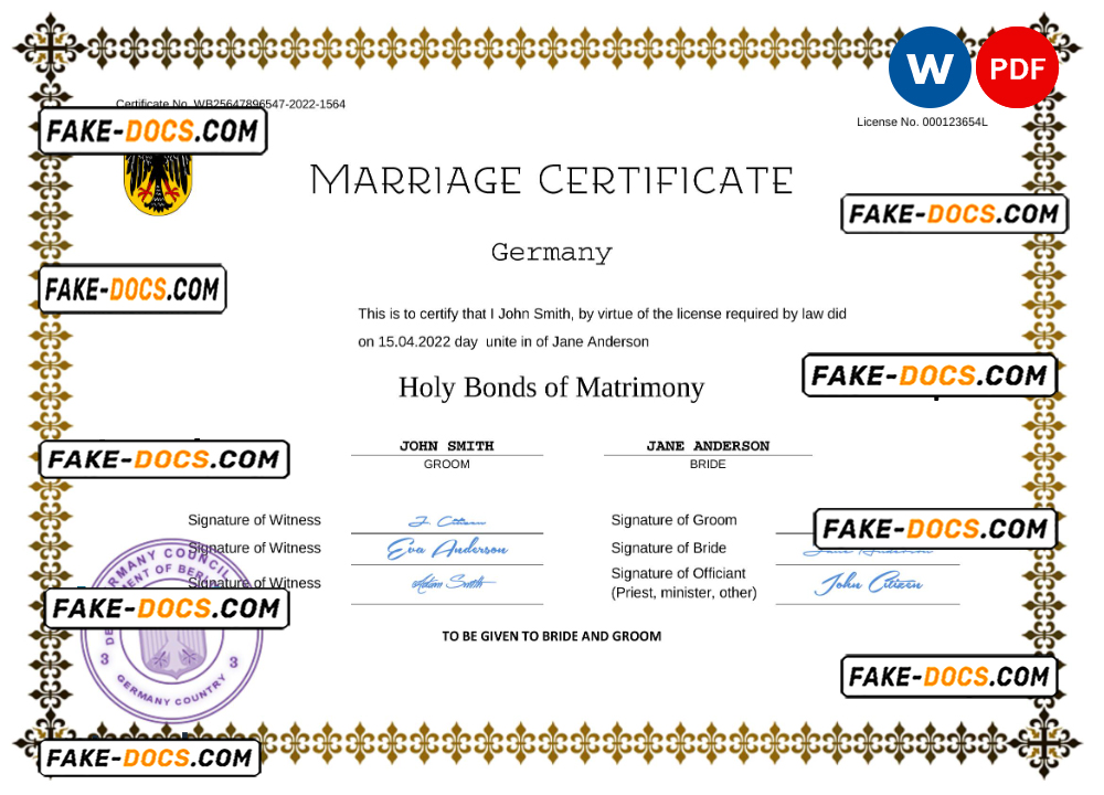 Germany marriage certificate Word and PDF template, completely editable