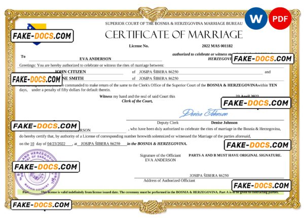 Bosnia & Herzegovina marriage certificate Word and PDF template, fully editable